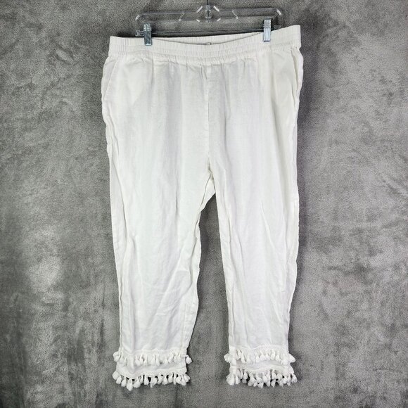 Womens White Crown & Ivy Tassel Hem Pants 100% Linen Hi Rise Elastic Waist XL - Picture 2 of 12